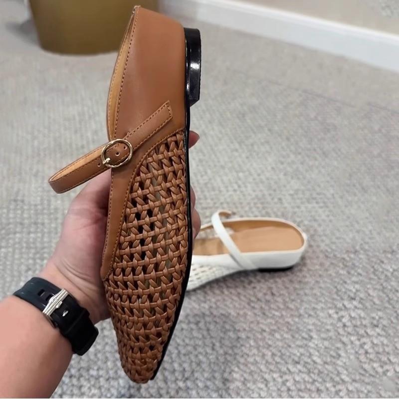 Fashion French Heightened Inner Hollow Woven Baotou Outer Wearing Half Slippers Women's Spring and Summer One-word Belt Sandal Slippers