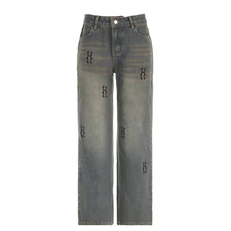 Jeans Vintage Y2K a Vita Bassa da Donna Stampa Distressed Streetwear Pantaloni Ampi Pantaloni di Jeans