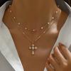 Women Fashion Cross Pendant Rhinestone Decor Pearl Chain Necklace