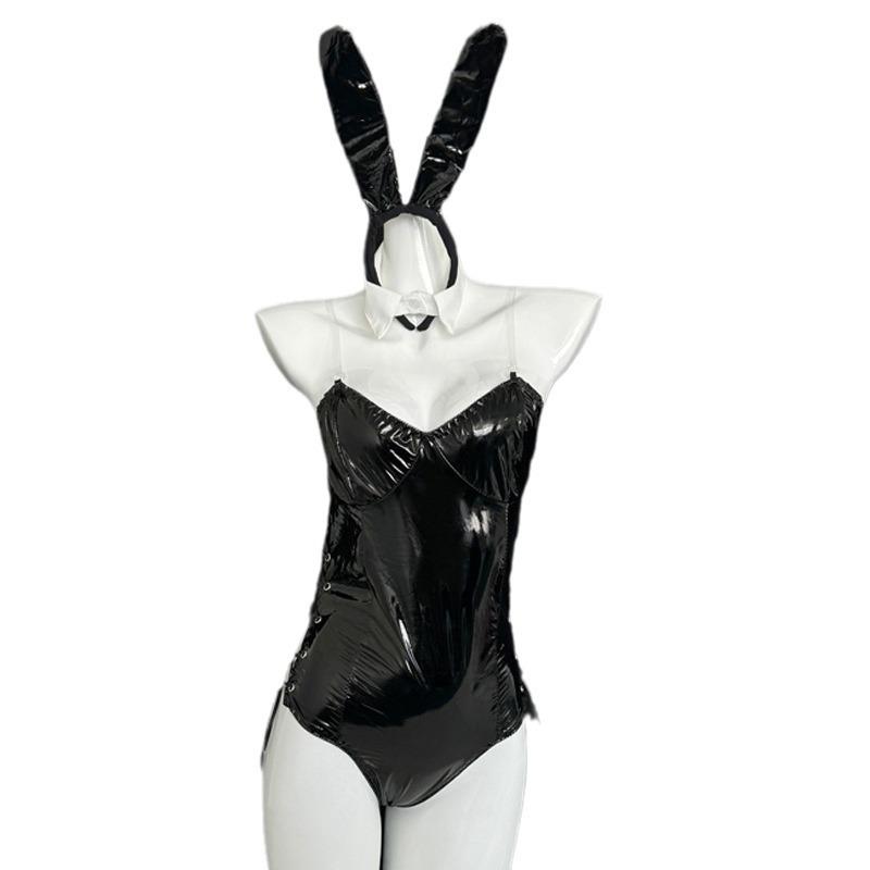 Sexy Sex Clothes Open Gear Free Sex Underwear Mirror Patent Leather One-piece Bunny Girl Nightclub Uniform Hidden Button