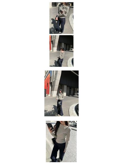 Korean High-End Lapel Striped Women's Winter 2025 T-Shirt