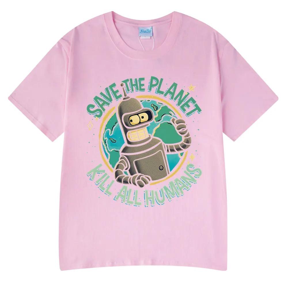 Nuevas Camisetas Divertidas de Moda Caliente Salva el Planeta Mata a Todos los Humanos Estampado de Robot para Hombre y Mujer Manga Corta Algodón Oversize