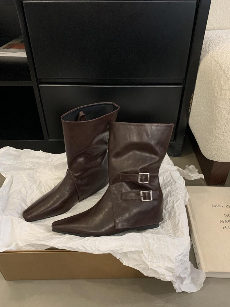 

Removable 2-Wear 2025 Autumn/Winter Heightening Boots Point Sleeve Martin Boots Belt Buckle Middle Heel Short Boots 39 темно-коричневого