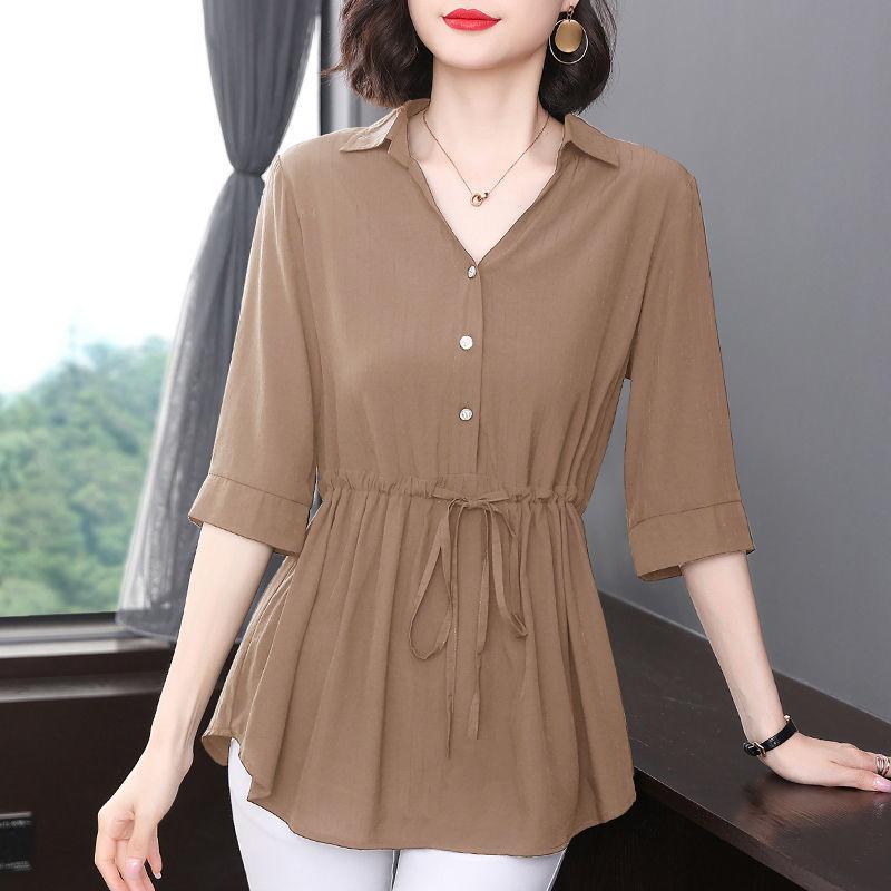 Women's Short Sleeved Shirt Mid Sleeved Summer Loose Top Black Plus Size Medium Long Shirt