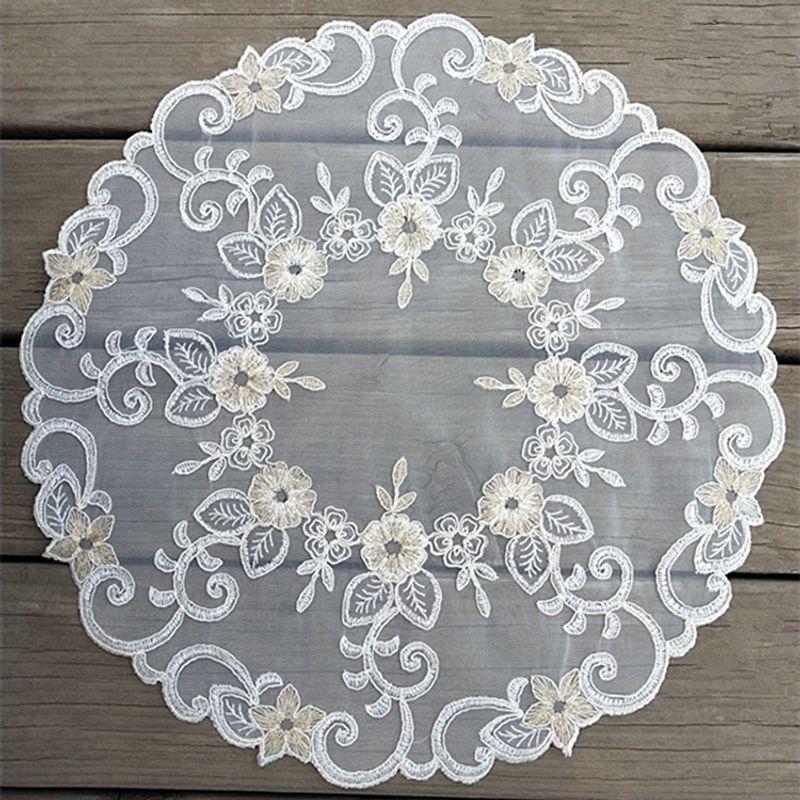 

European-Style Fabric Mesh round Cover Towel Export Korean Style Lace Embroider Tablecloth Tea Tray Tea Set Multi-Purpose Dustproof Cover Cloth White Composite line About 41cm in diameter