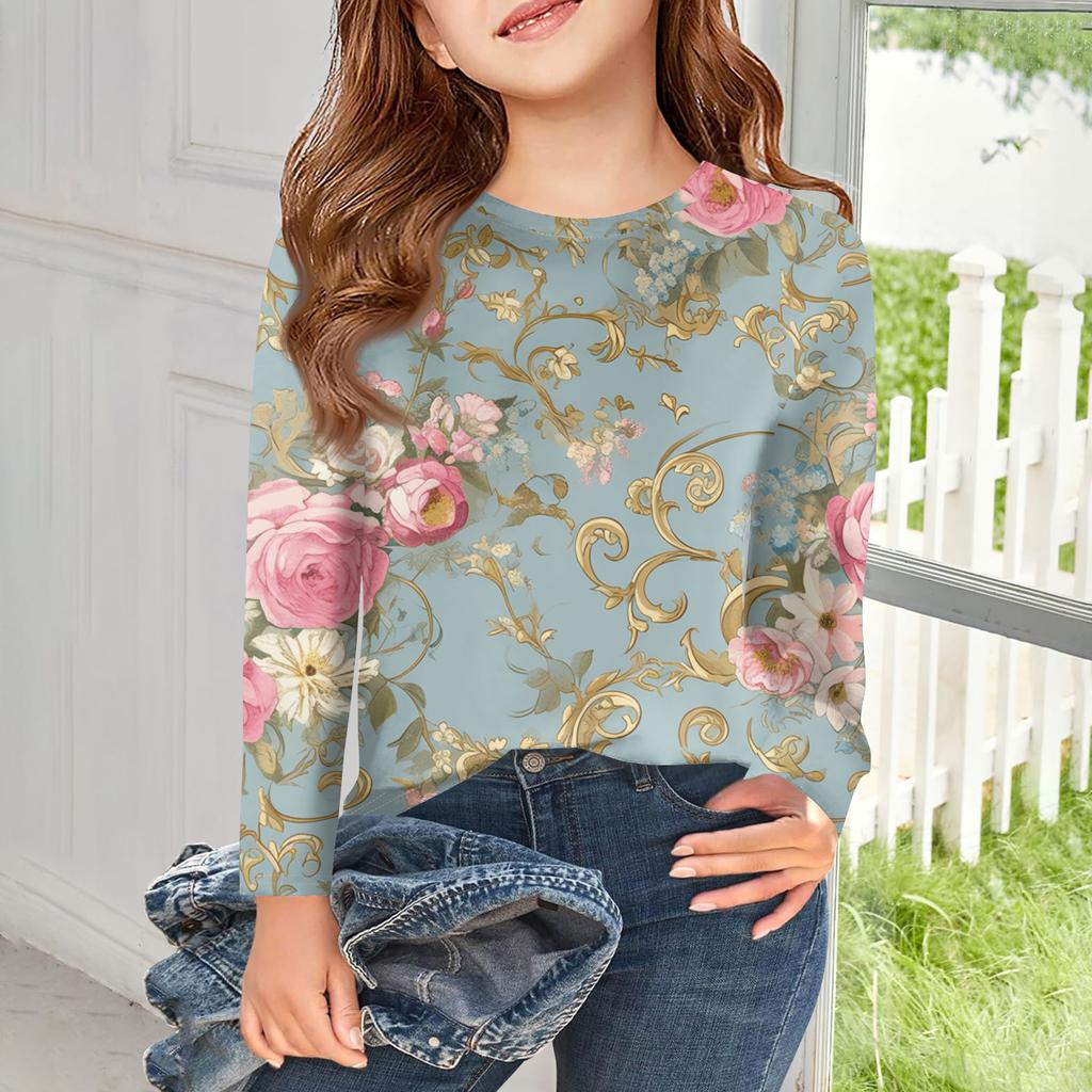 Girls Long Sleeve T Shirts Kids Fall Tops Crewneck Printed Basic Tees