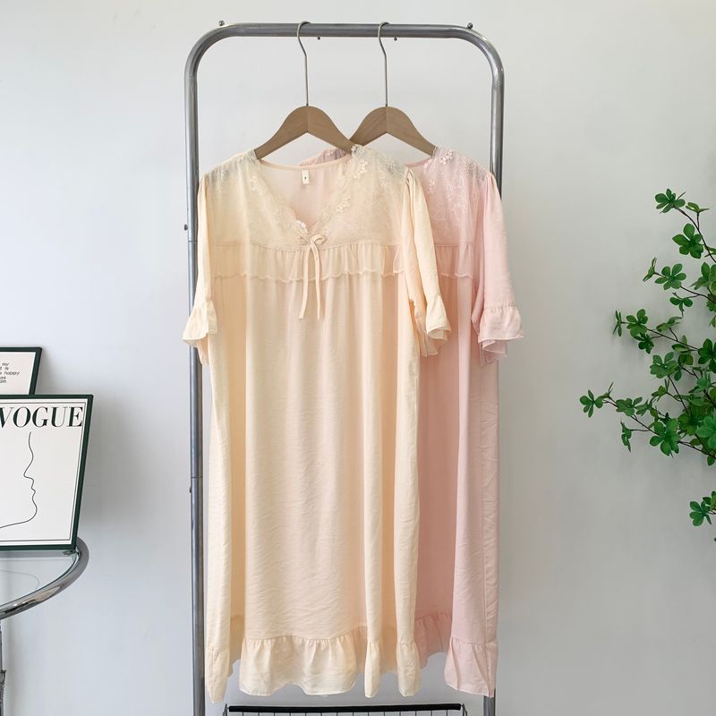 Nightdress Women's Summer Thin Tencel Cotton Nightdress Short Sleeve Cute Lace Large-Sized Skirt Real Silk Cotton Dress Fancy