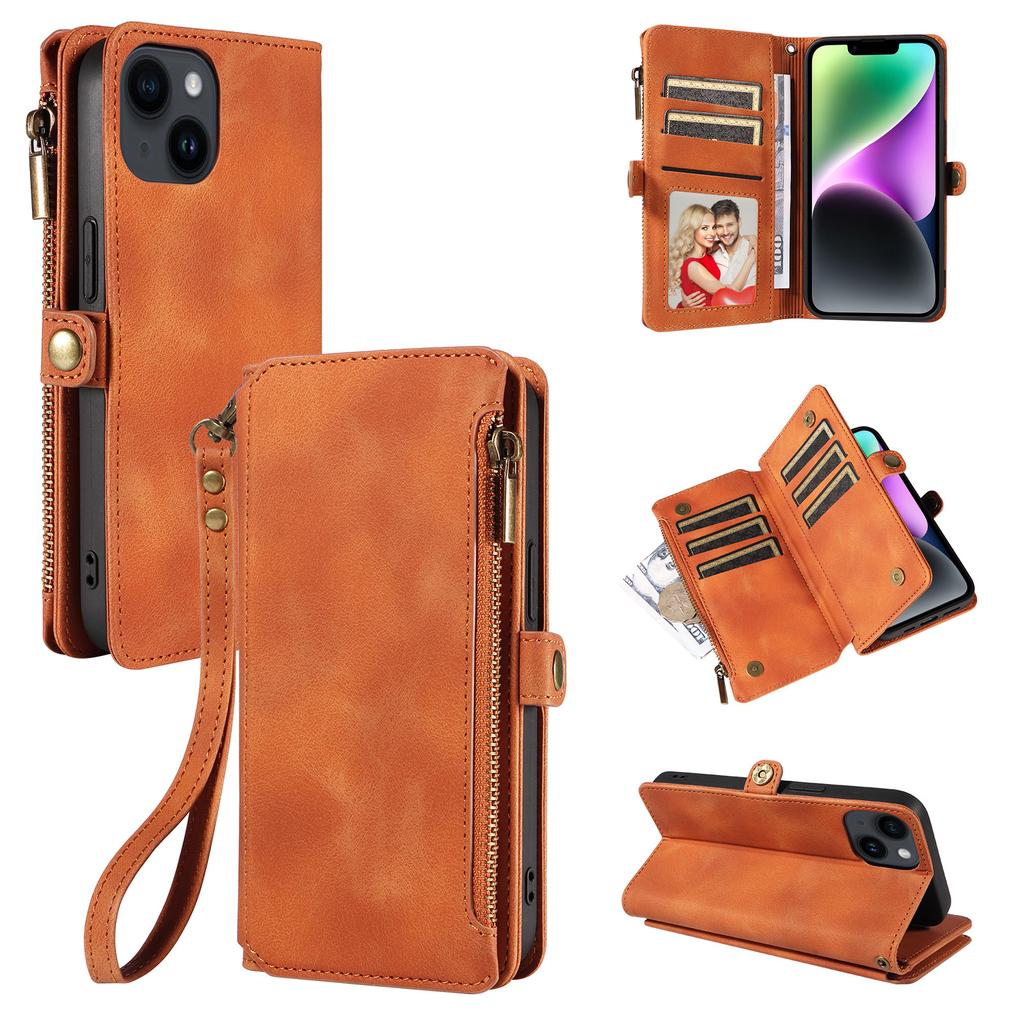 For iPhone 15 RFID Blocking Stand Leather Case Drop-proof Phone Cover Zipper Pocket Wallet with Strap