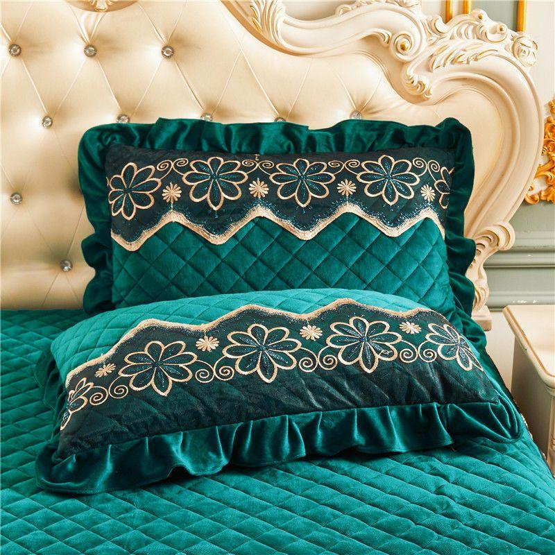 2pcs Velvet Pillow Case Luxury 48x74cm Pillow Cover Quilted Lace Bed Decorative Rectangle Pillow Shams Warm Solid Color