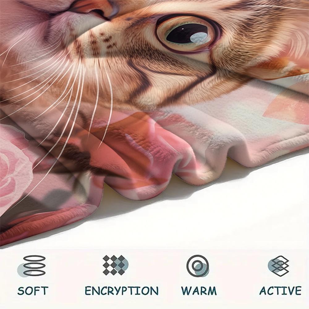 American Shorthair and Roses,pattern Flannel Blanket, High quality Comfortable for All Seasons, Home Decor, Warmth and Comfort, Perfect for Gifts.