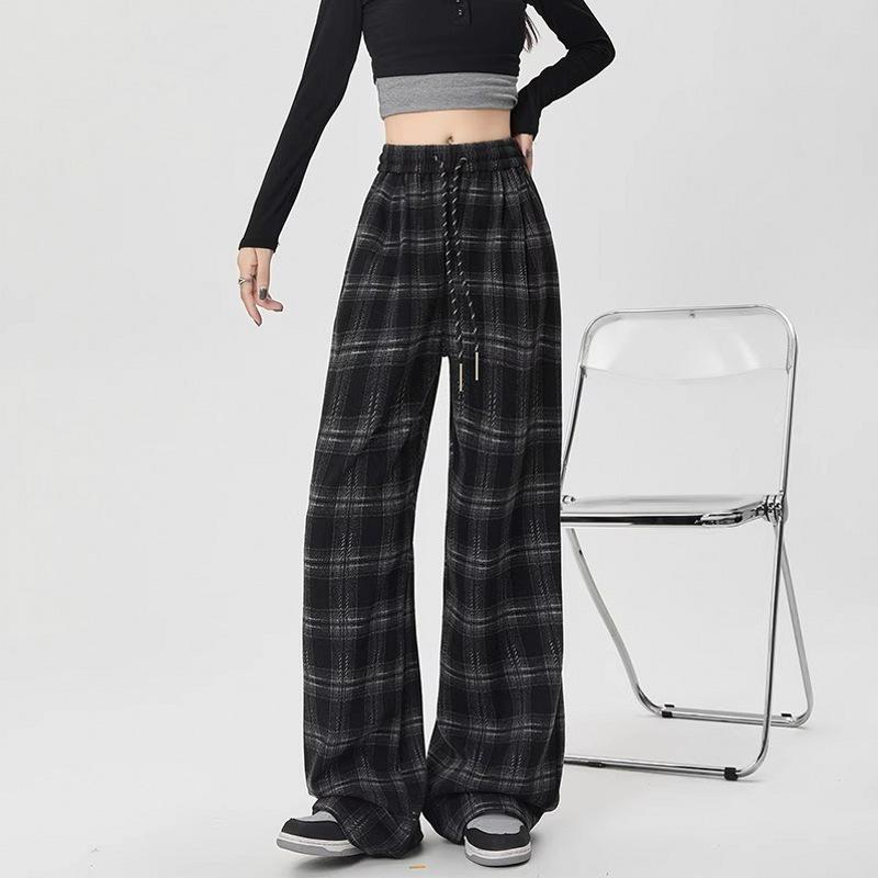 

Stylish Dark Blue Retro Plaid Wide-Leg Pants for Women – High-Waisted, Loose, Floor-Length, Plus Size, Perfect for Spring and Autumn. M