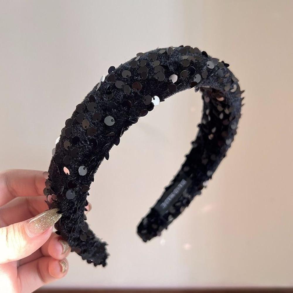 Velvet Sequins Headband Solid Color Sponge Hair Band Exquisite Wide Hairband  Ladies