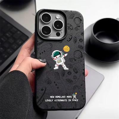 Cartoon Astronaut Pattern Leather Texture Phone Case for iPhone 16 Pro 15 14 13 12 Pro Max 11 Shockproof Tpu Soft Matte Slim Cover