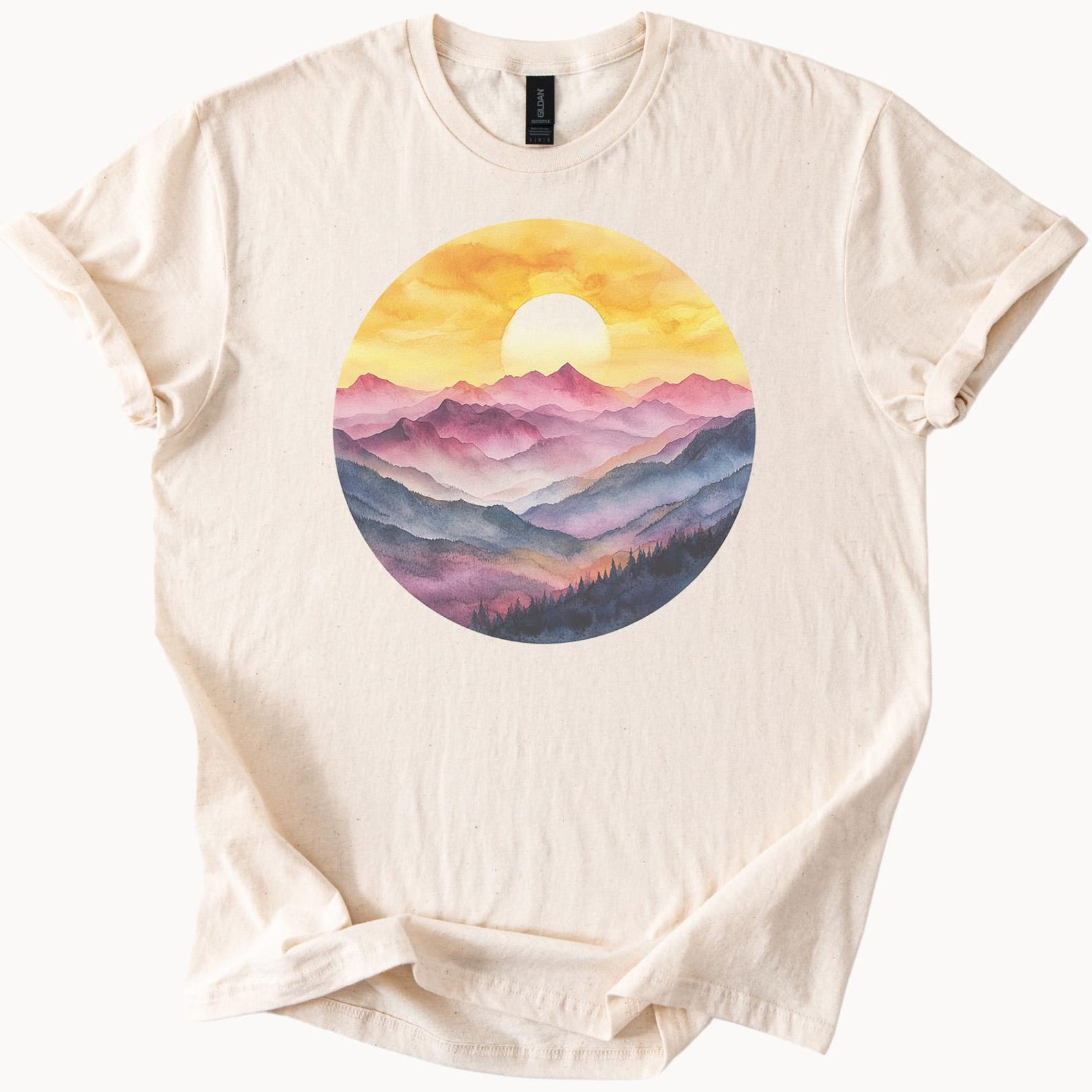 Sunset Mountain Landscape Graphic T Shirt Watercolor Style Sunrise Nature Scene Tee Colorful Artistic Outdoors Hiking Shirt Gift 110