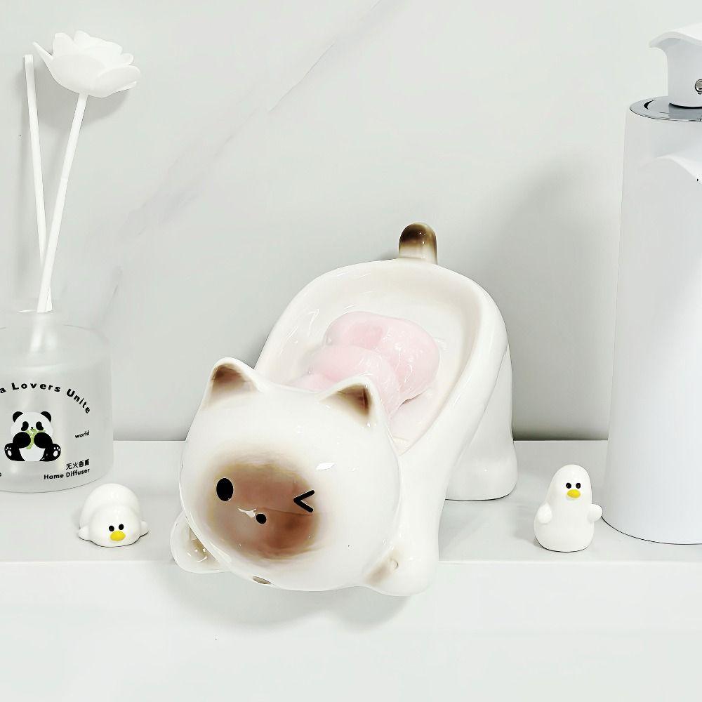 Cute Cat Soap Box Ceramic Bathroom Storage Rack Tray Container Soap Dish  Drainage Rack