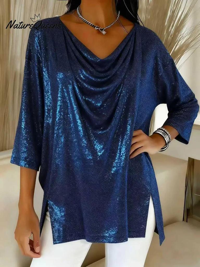 2025 Trendiges europäisch-amerikanisches Damen-Oberteil mit lockerem Stehkragen und Schlitz, Neun-Punkt-Ärmel