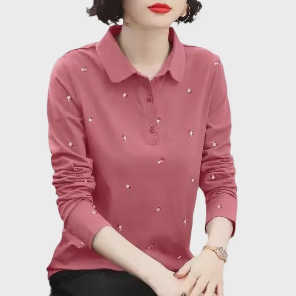 Women's Long Sleeve Polo Shirt, Loose Fit, Plus Size, Spring, Slimming Base Layer