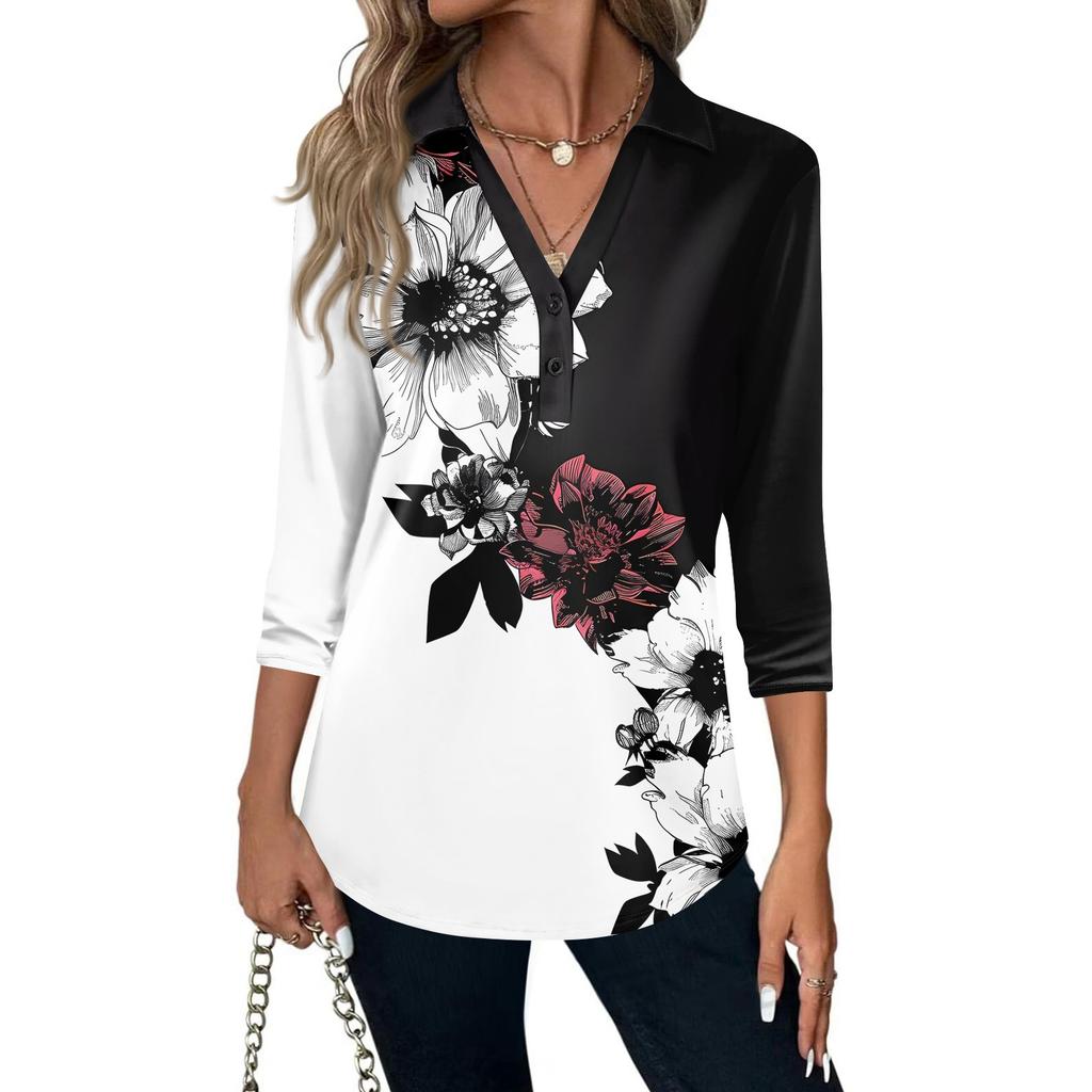 Women's Fashion Casual Lapel Short 3/4 Sleeve Print Shirt Women's V-Neck Button Tops