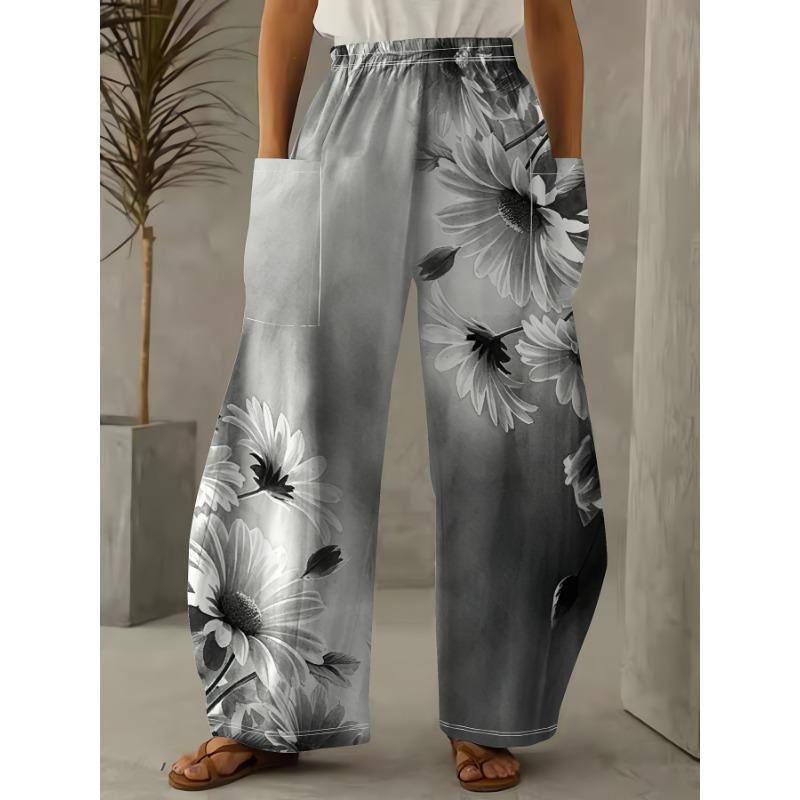 Flower Print Straight Leg Trousers, Casual Everyday Trousers with Elastic Waist