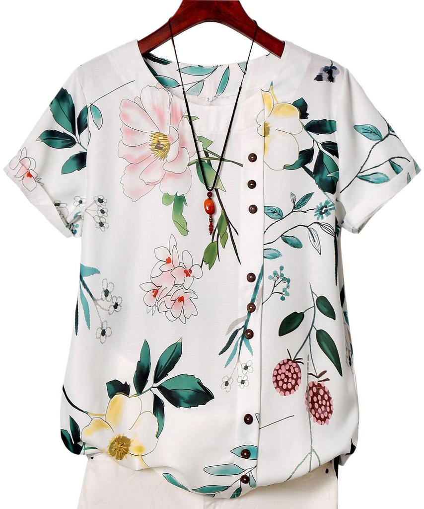 Women's 2026 Summer Retro Faux Cotton Linen Print Loose Casual Short Sleeve T-Shirt