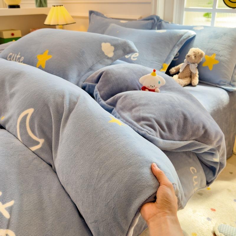 Thickened Milk Fleece Four-Piece Set Double-Sided Fleece Quilt Cover Coral Flannel Bed Sheet Quilt Cover Three-Piece Set Of Bed Hat