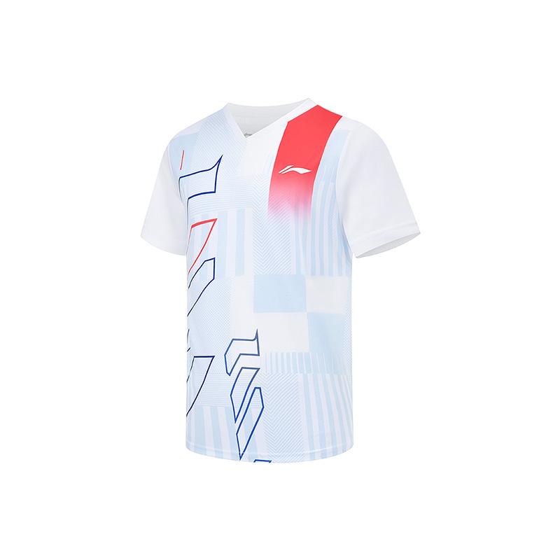 Li Ning Badminton Series Logo Pruhovaný Potisk Rovný Střih Krátký Rukáv Unisex Top Bílý AAYU269-2