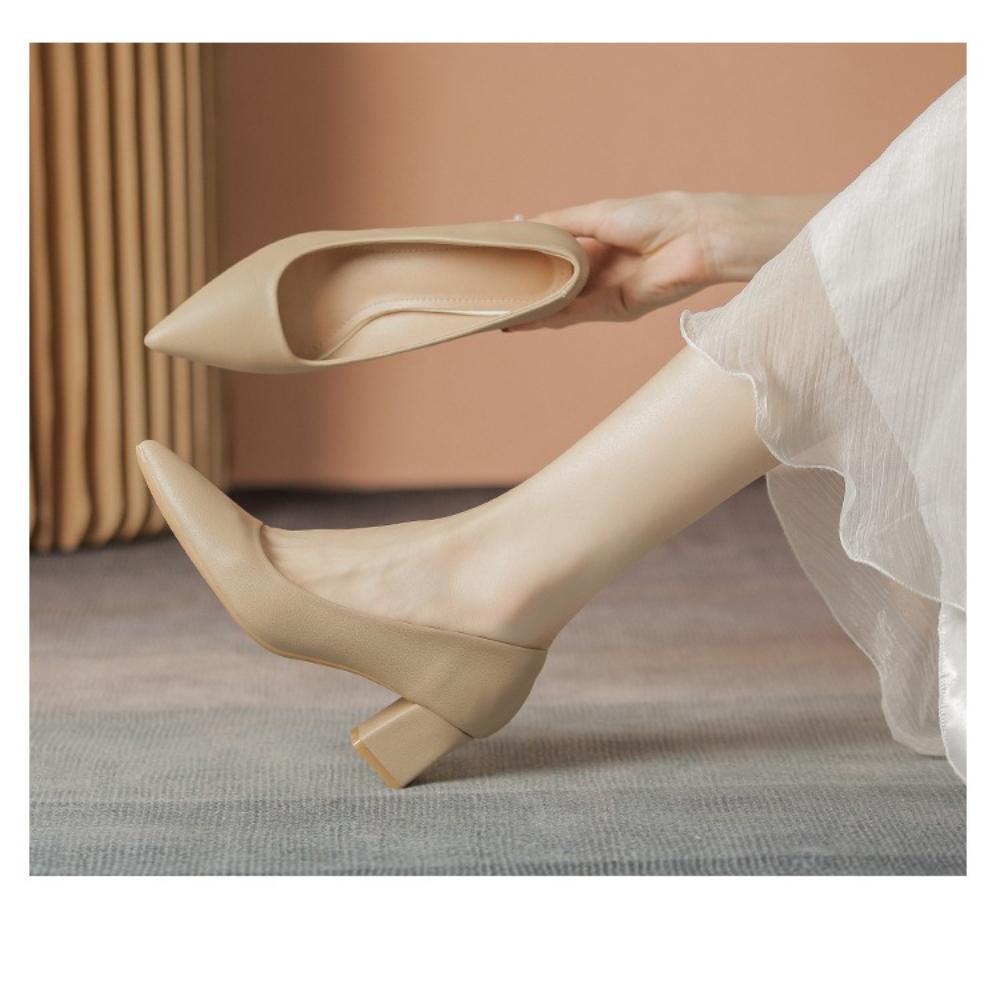 Women's French Nude High Heels 2025 Spring Autumn New Soft Leather Non-Tiring Feet Commuting Work Interview Versatile Shoes XCY40-555