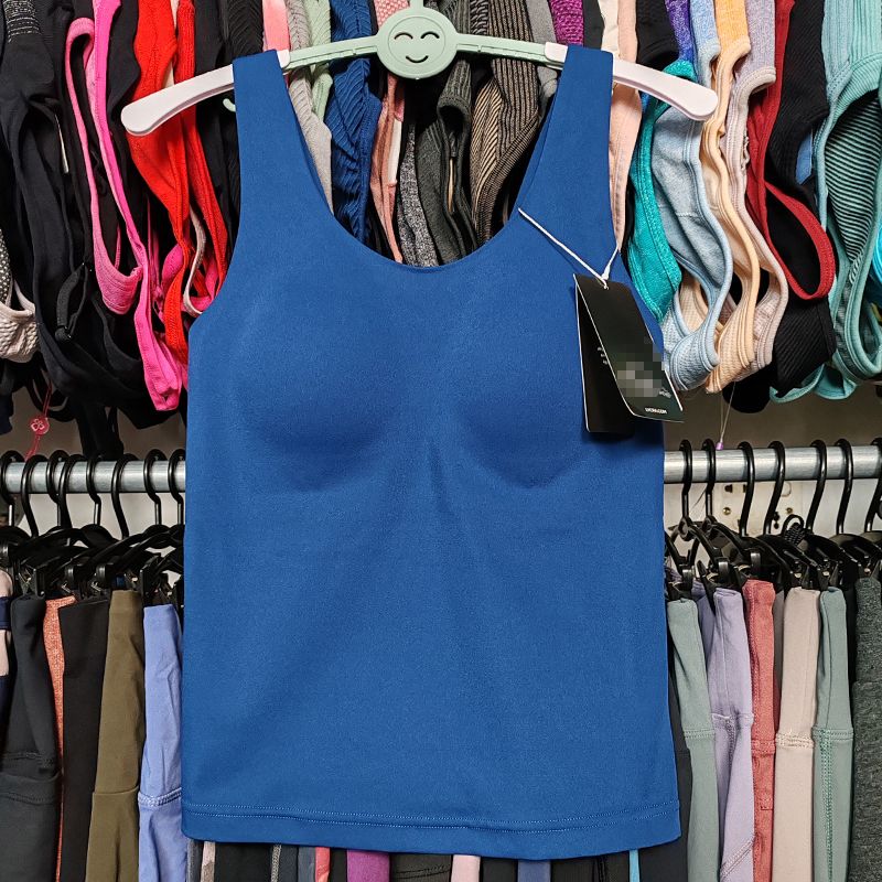 

Foreign Trade Export Women Yoga One-Piece Cup Chest Pad Seamless No Steel Ring Quick-Drying Running Fitness Plus size Medium Length U Vest Dark Blue XS