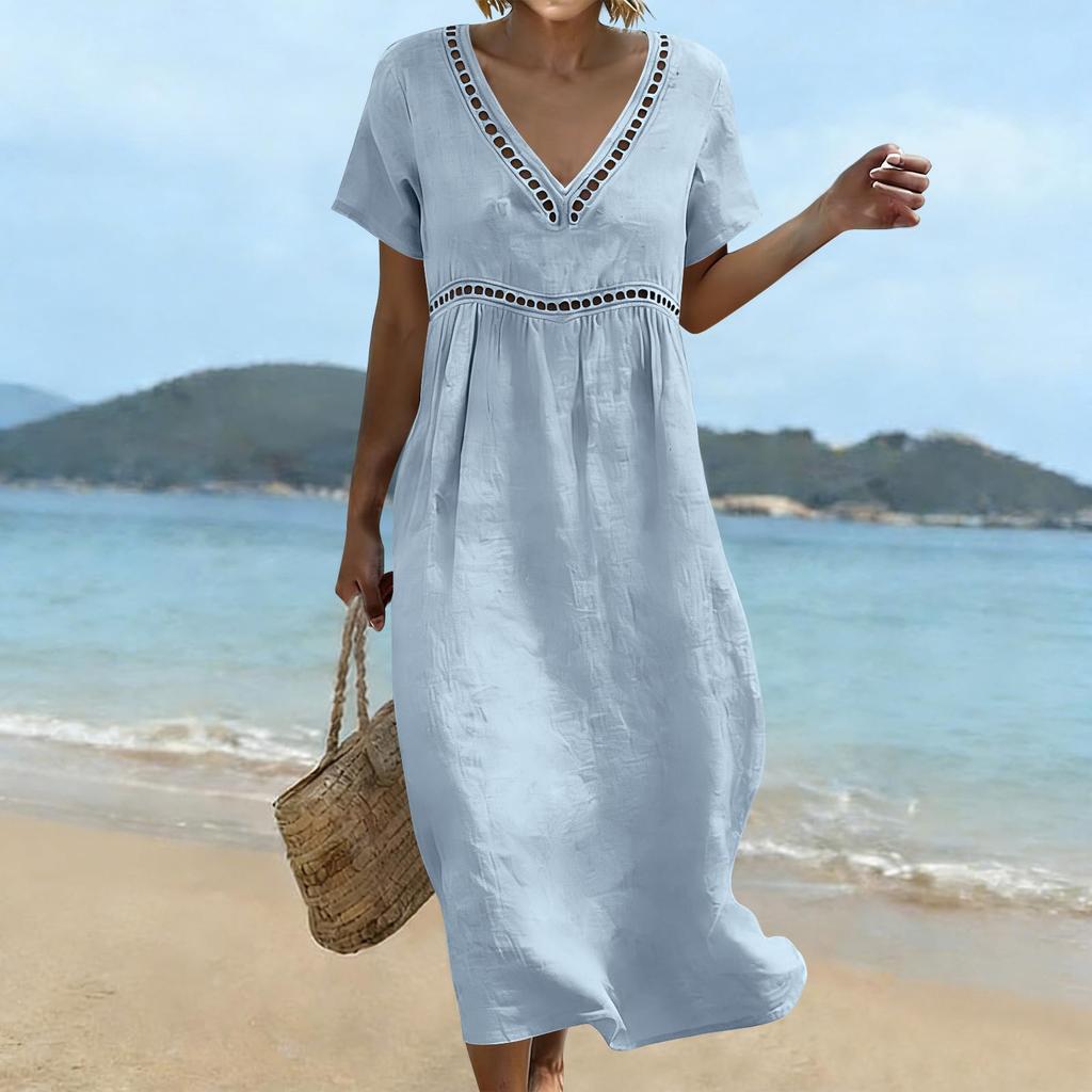 Women’s Summer V Neck Short Sleeve Cotton Linen Dress Hollow Lace Trim Loose Fit Midi Casual Dress for Daily Wear