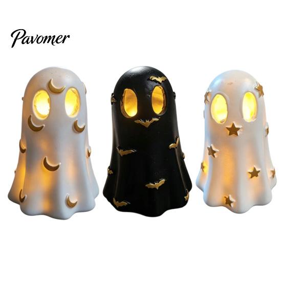 Warm LED Bedside Lamp Halloween Ghost Decoration, Cute Light Up Figurine, Spooky Resin Small Night for Bedroom Statue with Shelf Mantel Indoor