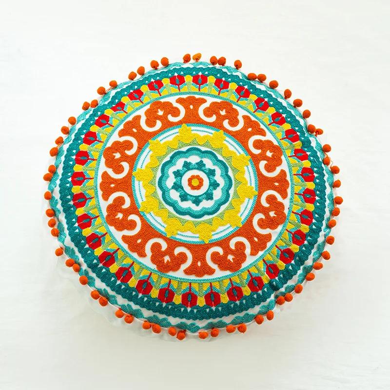 Moroccan Ethnic 45cm Round Cushion Cover Mandala Floral Embroidery Home Decor Living Room Throw Pillow Case Ball Decorative