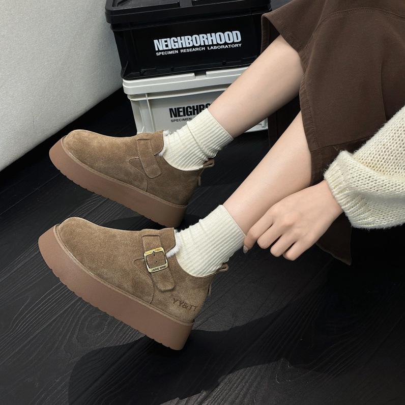 Leather retro women's autumn and winter models, leather velvet thickened warm fluffy shoes, platform casual cotton shoes
