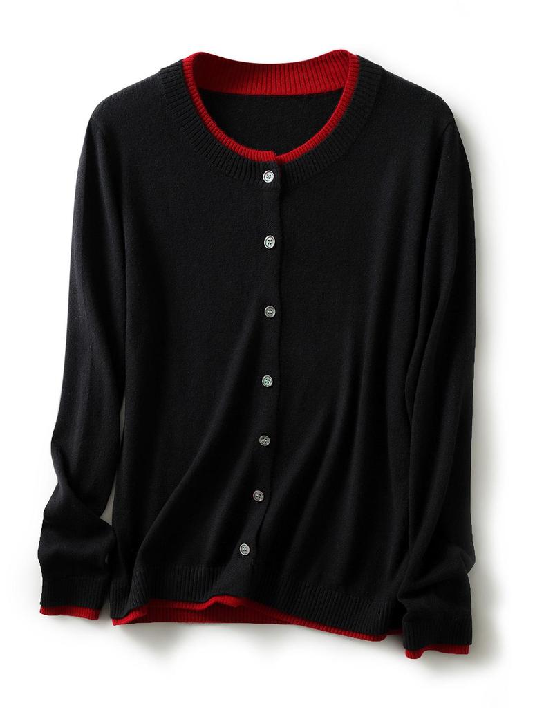 2025 A/W Women's Color Block Knit Cardigan - Fake Two-Piece, Round Neck, Long Sleeve, Loose Fit Sweater Coat