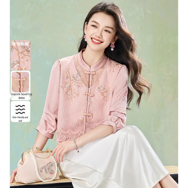 New Chinese Style Sequin Crochet Spliced Blouse XL