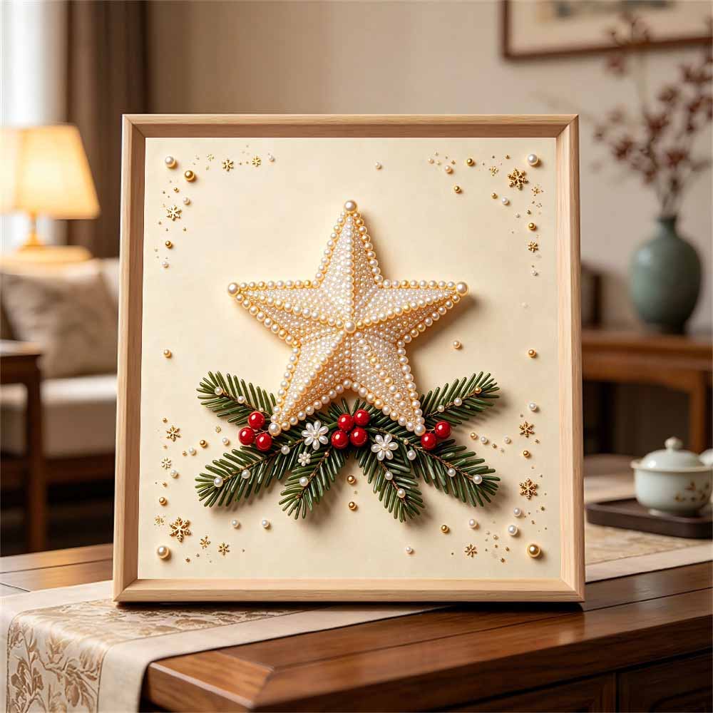 Hochwertiges gerahmtes Perlenkunst-Set mit Weihnachtsstern-Muster, 5D funkelnde Perlenleinwand, DIY entspannendes Bastelset für festliche Wanddekoration zu Hause, Geschenk