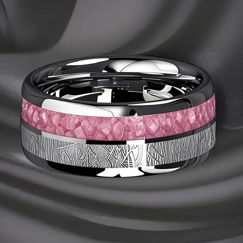 

8MM Silver Men s Rings Pink Marble Inlay Polished Stainless Steel Rings for Women Wedding Band Jewelry Luxury Accessories Gift 13