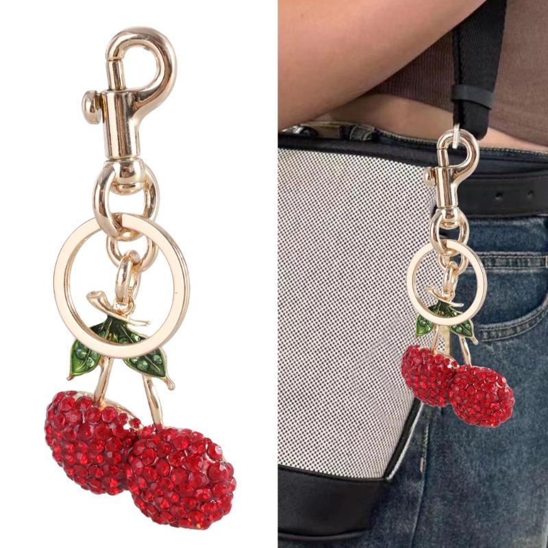 Simple Rhinestones Cherries Charm Keychains Fashion Hanging Ornament Pendant Car Keyring Backpack Decoration Bag Charm