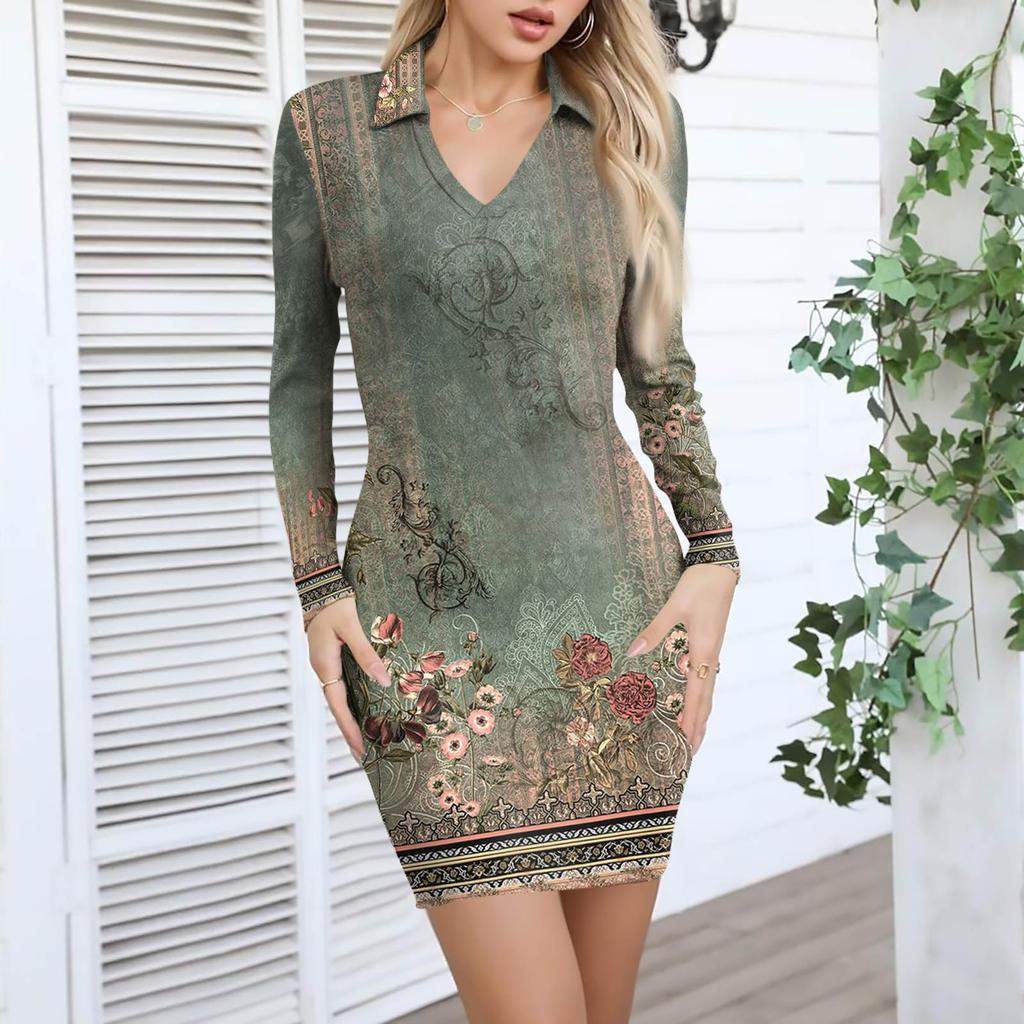 Women's V-neck Casual Print Long-sleeved Fitted Dress