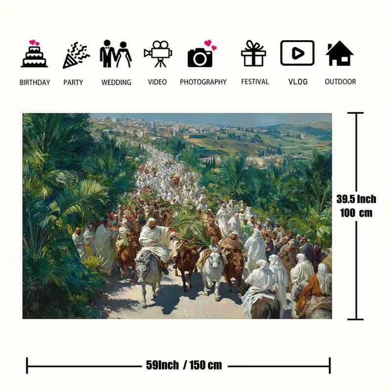2D Triumphal Entry Backdrop, Palm Sunday Procession Scene Background for Christian Home Decor