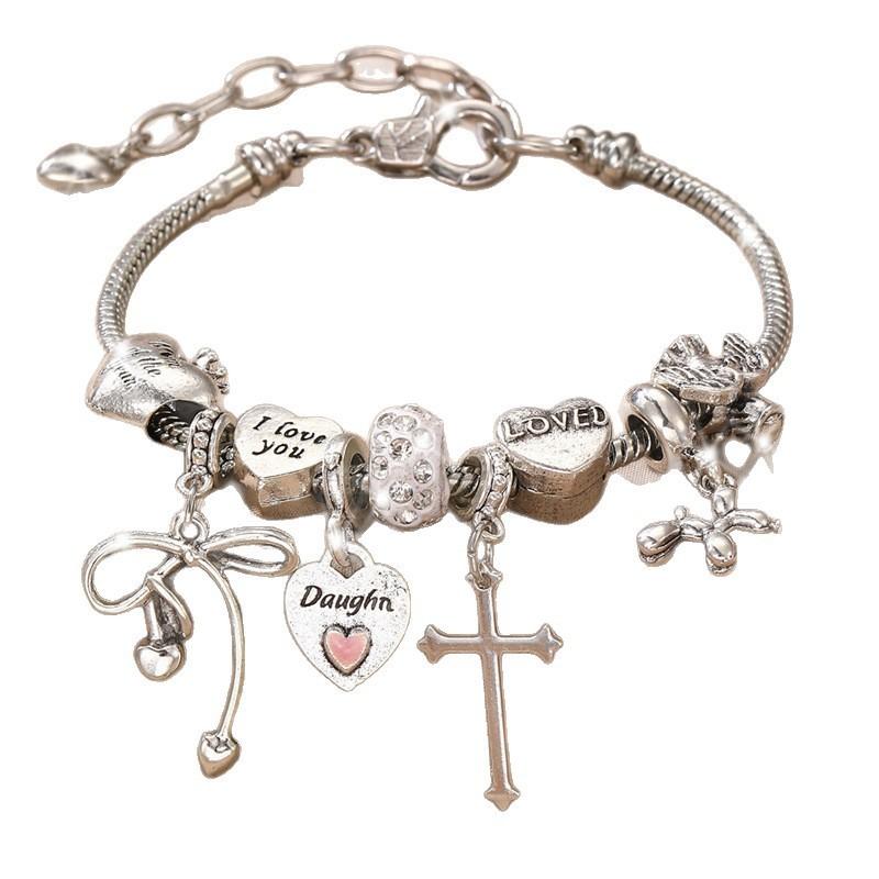 Copper Beaded Bracelet With Zircon Heart Pendant For Women Casual Jewelry Gift