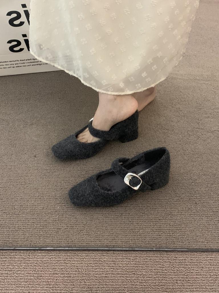 French high-end dark brown thick heel retro woolen single shoes women's shoes autumn and winter middle heel commuting evening cotton shoes