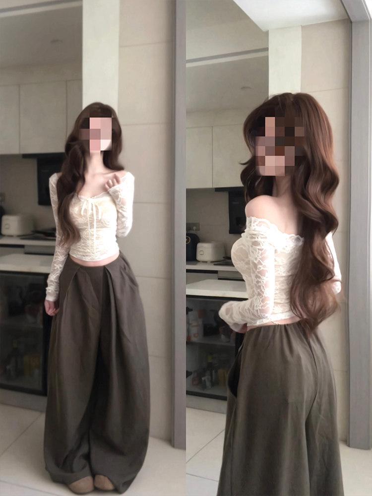 Spicy Girl White Lace V-neck Long-sleeve T-shirt with Waist-cinching Design for Women