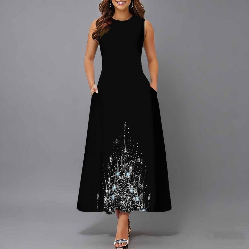 Plus Size Women Sleeveless Crew Neck Dress Romantic Bouquet Floral Flowy Calf Length Dress