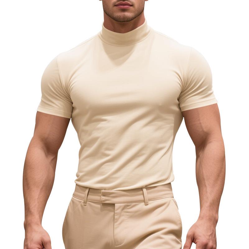 Summer New Men's Casual Semi-High Neck Slim Solid Color T-shirt - European & American Fashion.