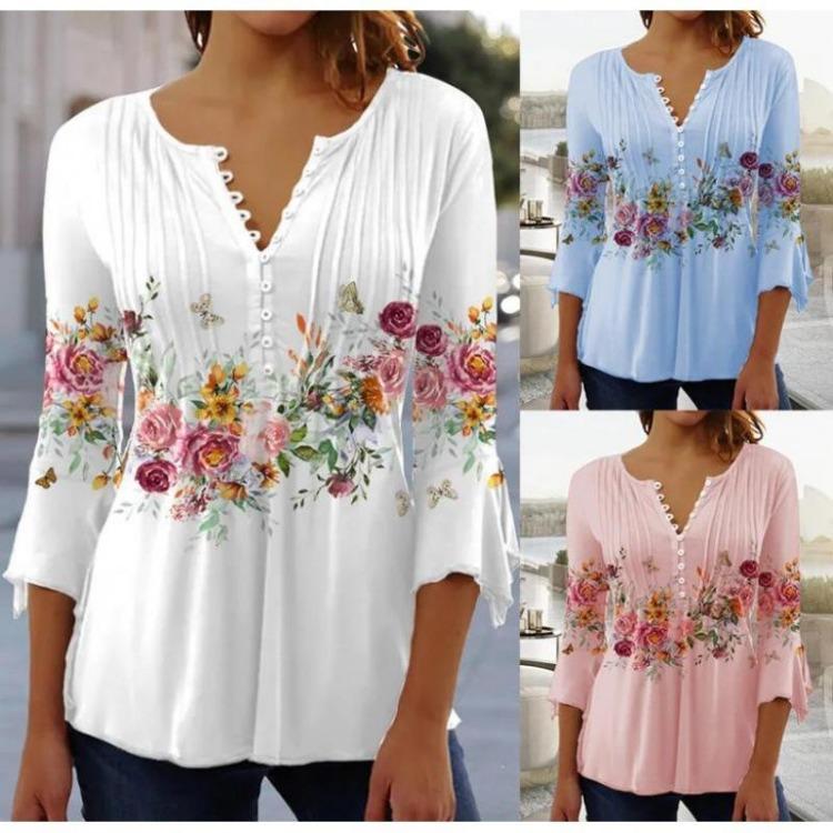 V-neck Short Sleeve Women's Top Summer Floral Print Spring Casual Professional Fashion New Clothing