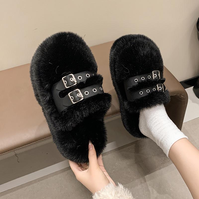 Small thick-soled fluffy slippers for women to wear 2025 autumn and winter new Internet celebrity explosion heightening belt buckle cotton slippers