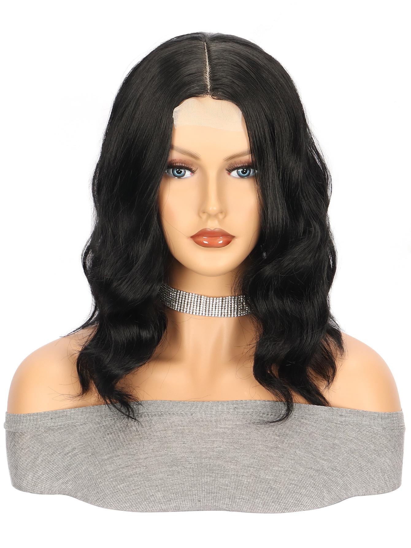 Women’s Lace Front Short Water Wave Synthetic Wig Highlighted Brown Heat Resistant Breathable Daily Party Wear Hairpiece 14inch
