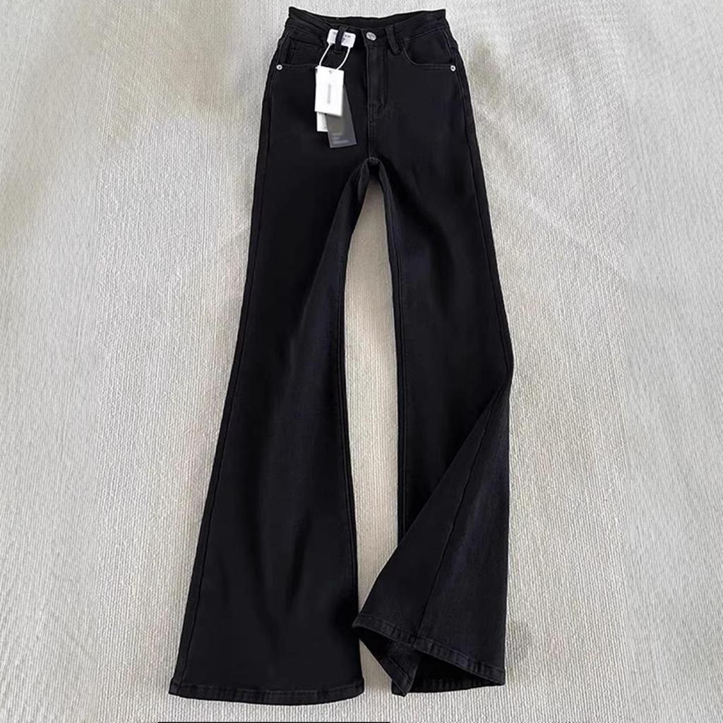 Women's Black High Waist Micro Flare Velvet Jeans - Autumn/Winter 2025, Slimming Elastic Wide Leg Pants.
