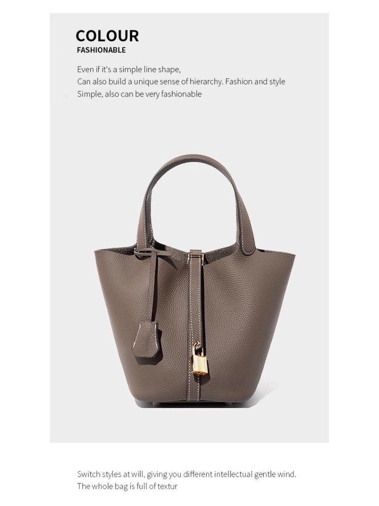 Women's Genuine Leather Bucket Bag - Top Layer Cowhide, Versatile Vegetable Basket Handbag
