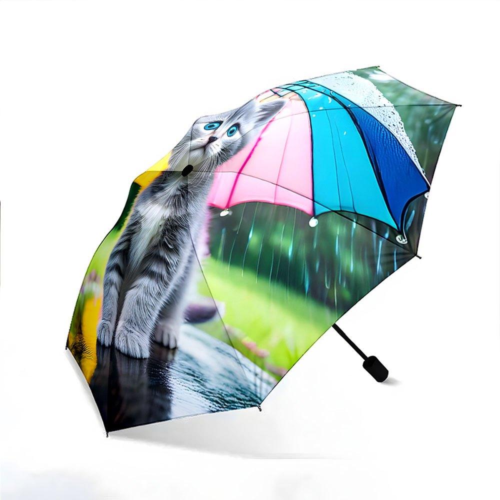 Automatic Folding Umbrella with Cute Gray Kitten & Colorful Umbrella Design - Portable Collapsible 8-Rib Durable Canopy, Auto